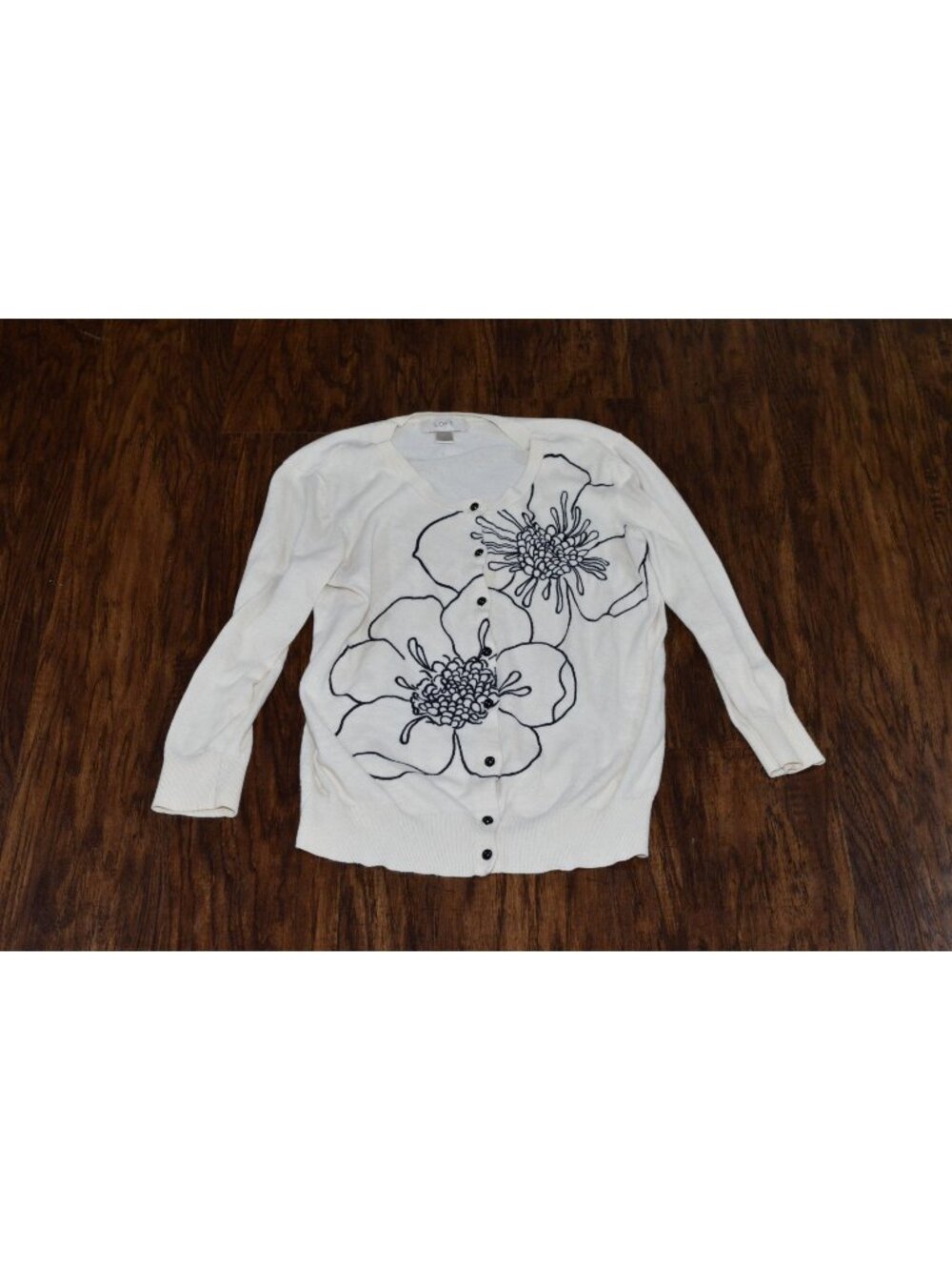 Womens Size M White Knit Floral Cardigan Sweater Loft Cottage Coquette Cozy